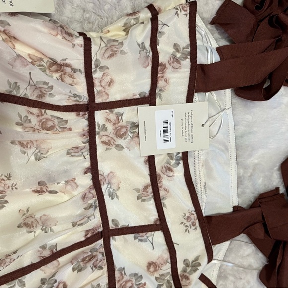 Bohme Cream with Print Floral Midi Dress  Tight Straps with Brown Trim - Picture 8 of 10